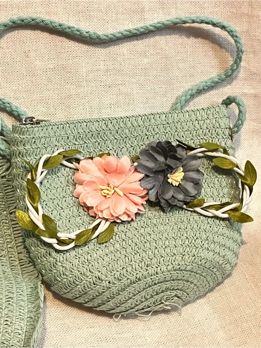 Girls Mint Floral Straw Sun Hat and Matching Crossbody Bag